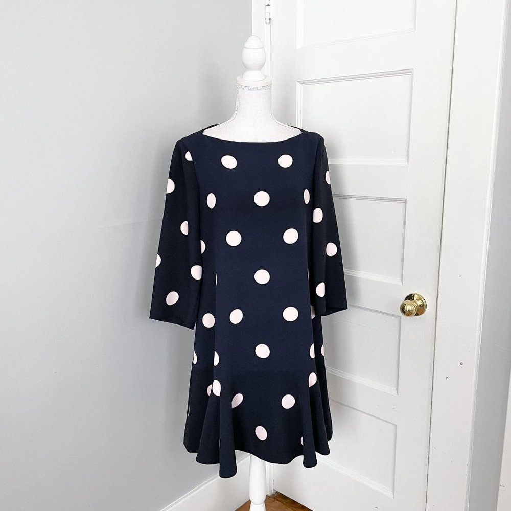 Kate Spade Navy Blue & Pink Polka Dot Spotlight Flounce Mini Dress Ink Size 12